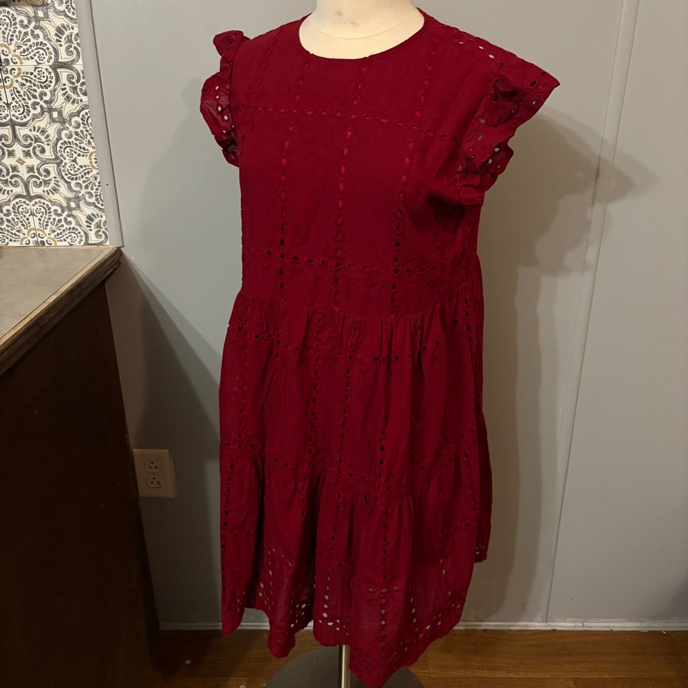 Maroon Burgundy Eyelet Dress Ruffle Short Sleeve Midi Dress (Women's Large*)